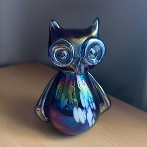 Vintage Rubin Glass Cobalt Blue Iridescent Owl art Glass Figurine Hand Made